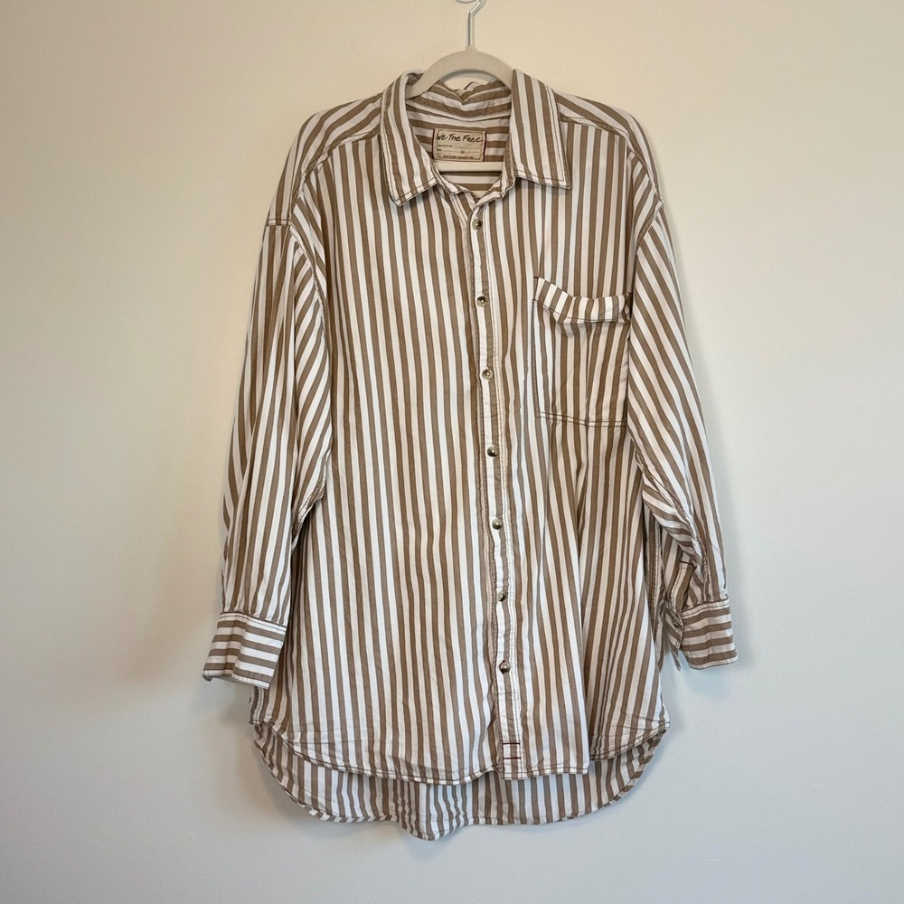 We The Free Free People Tan White Striped Cotton Oversized Tunic Top XL